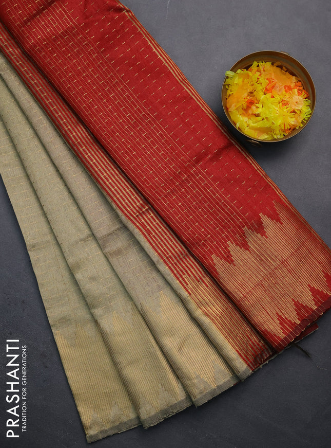 Semi dupion saree beige and maroon with allover zari woven butta weaves and temple zari woven border