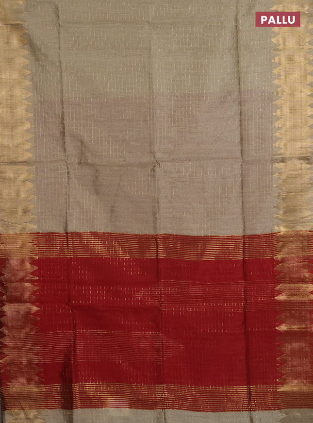 Semi dupion saree beige and maroon with allover zari woven butta weaves and temple zari woven border