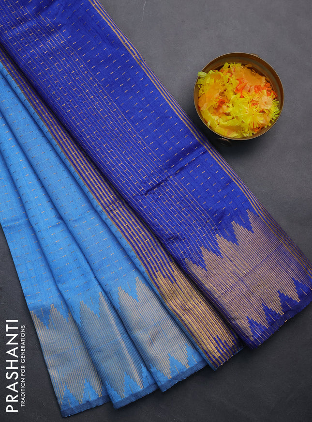 Semi dupion saree cs blue and blue with allover zari woven butta weaves and temple zari woven border