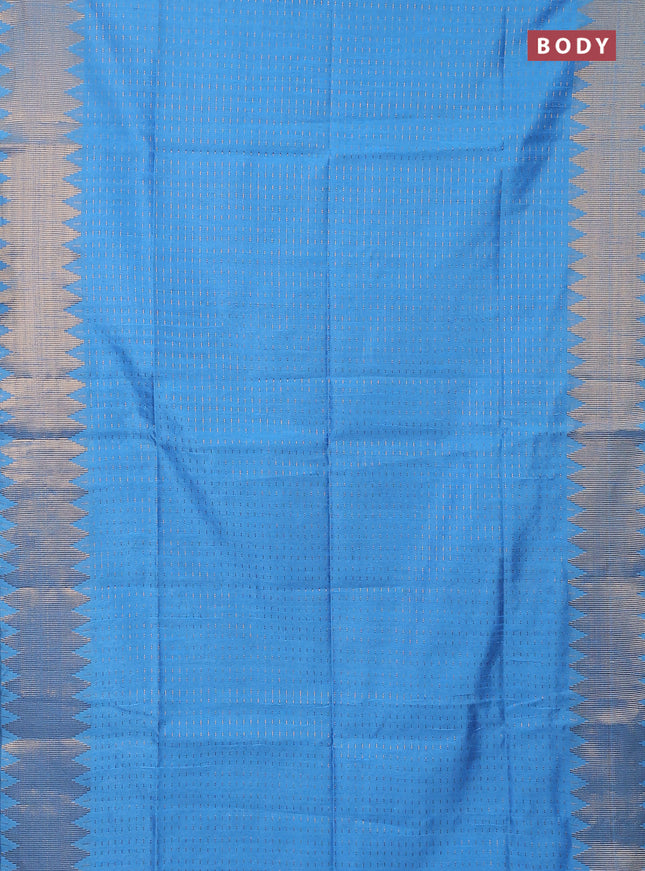 Semi dupion saree cs blue and blue with allover zari woven butta weaves and temple zari woven border