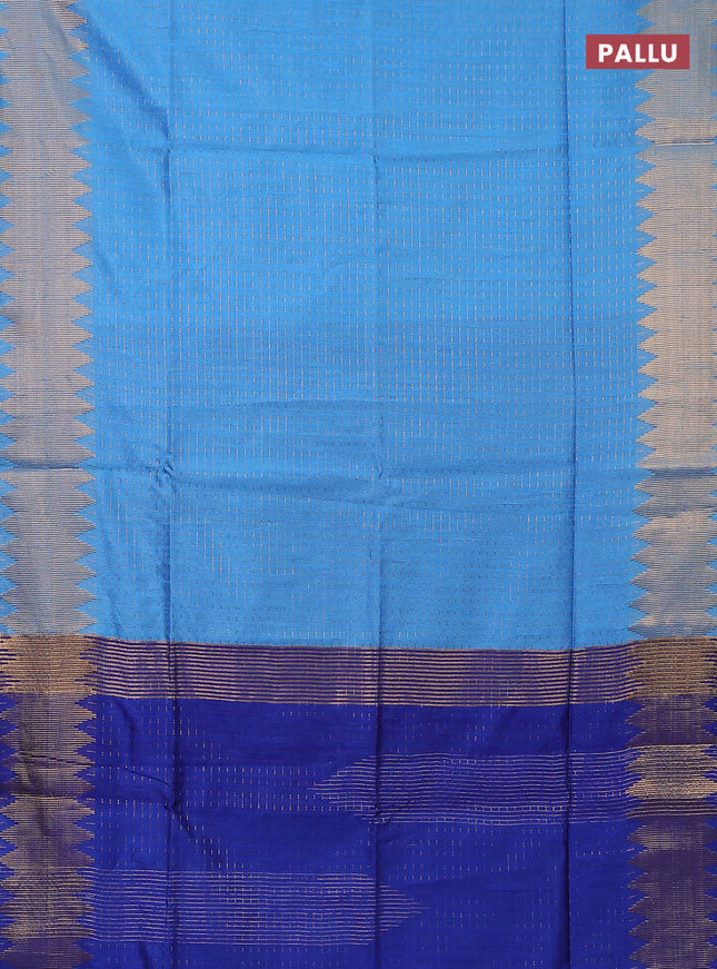 Semi dupion saree cs blue and blue with allover zari woven butta weaves and temple zari woven border