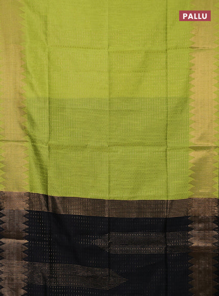 Semi dupion saree fluorescent green and black with allover zari woven butta weaves and temple zari woven border