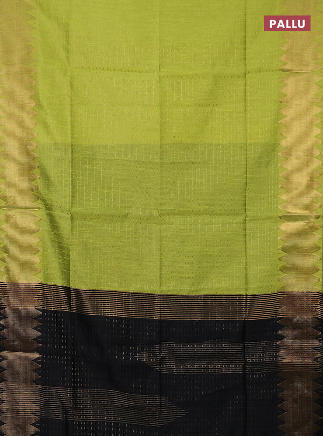 Semi dupion saree fluorescent green and black with allover zari woven butta weaves and temple zari woven border