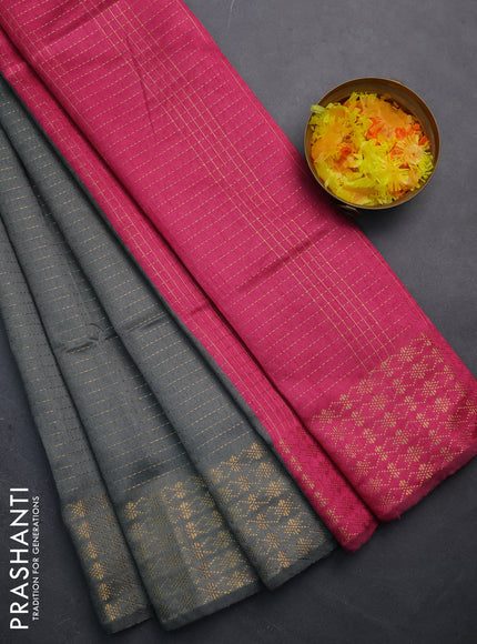 Semi dupion saree grey and pink with allover zari stripe weaves and zari woven border
