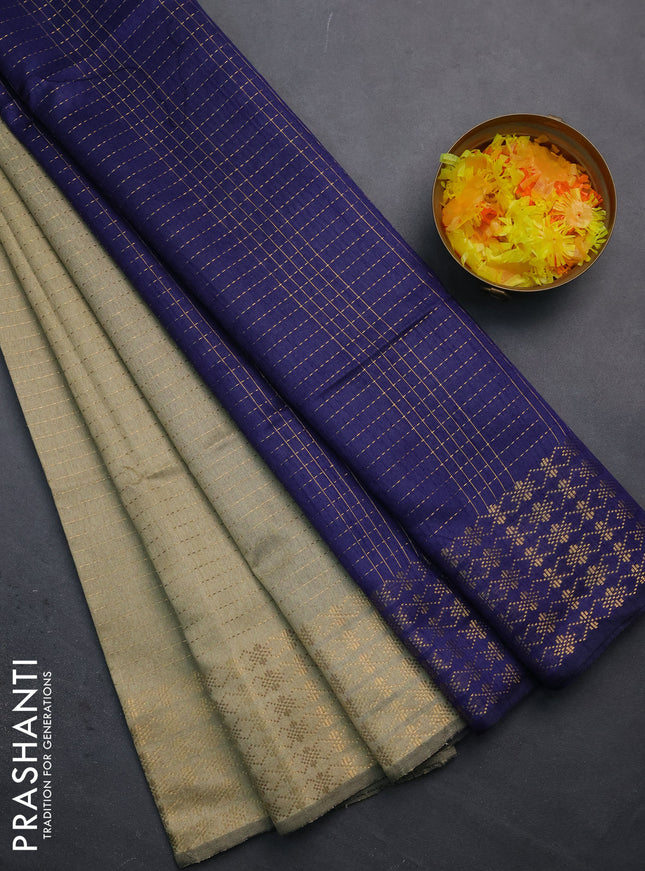 Semi dupion saree beige and navy blue with allover zari stripe weaves and zari woven border