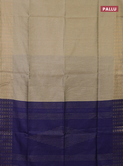 Semi dupion saree beige and navy blue with allover zari stripe weaves and zari woven border