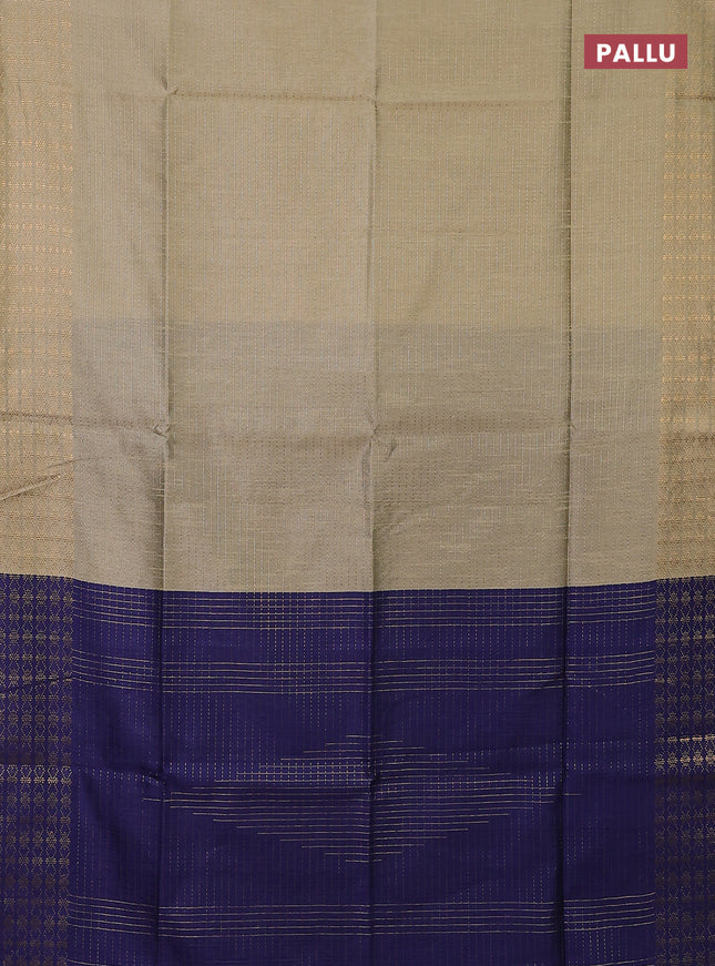 Semi dupion saree beige and navy blue with allover zari stripe weaves and zari woven border