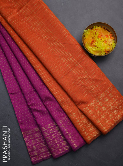 Semi dupion saree purple and orange with allover zari stripe weaves and zari woven border