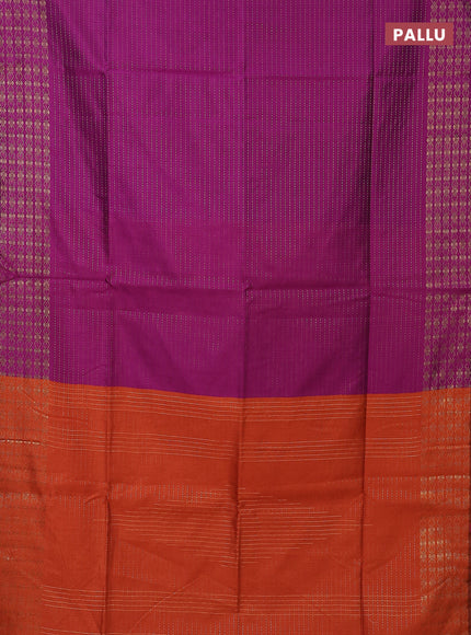 Semi dupion saree purple and orange with allover zari stripe weaves and zari woven border