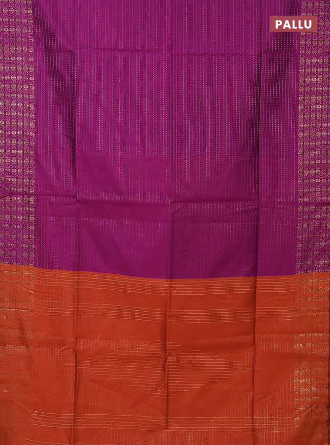 Semi dupion saree purple and orange with allover zari stripe weaves and zari woven border