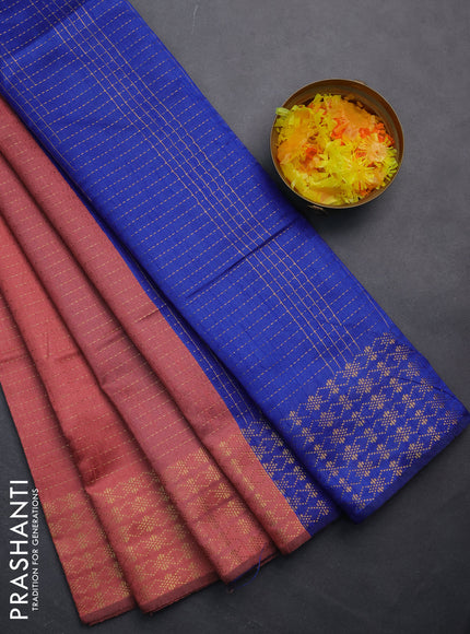 Semi dupion saree peach shade and blue with allover zari stripe weaves and zari woven border