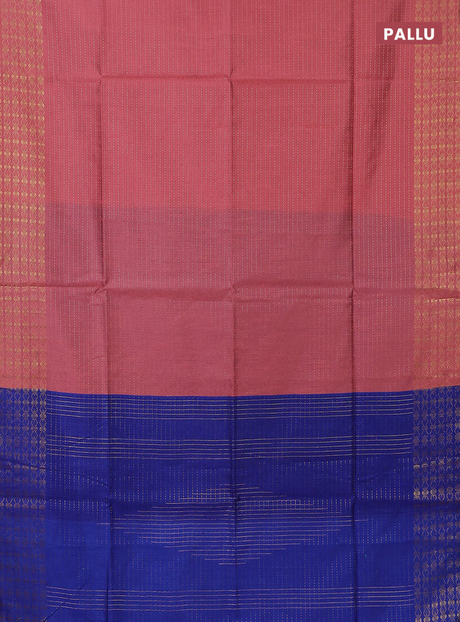 Semi dupion saree peach shade and blue with allover zari stripe weaves and zari woven border