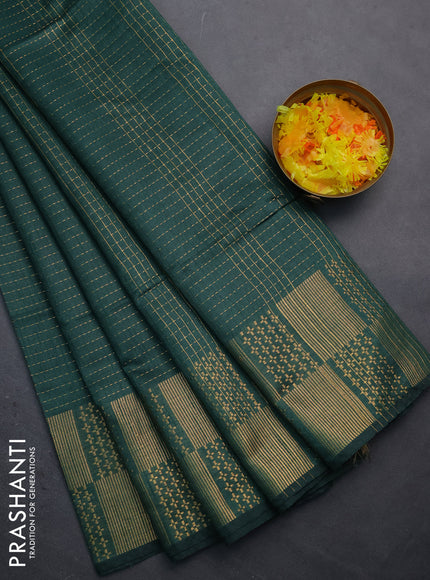 Semi dupion saree bottle green with allover zari stripe weaves and zari woven border
