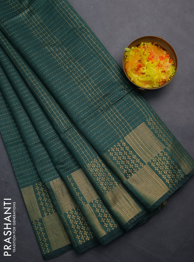 Semi dupion saree bottle green with allover zari stripe weaves and zari woven border