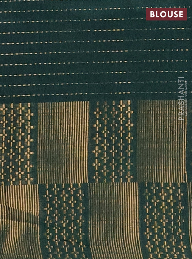 Semi dupion saree bottle green with allover zari stripe weaves and zari woven border