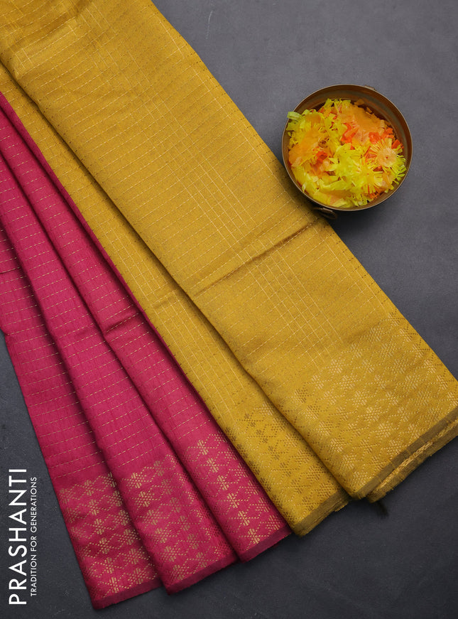 Semi dupion saree pink and yellow with allover zari stripe weaves and zari woven border