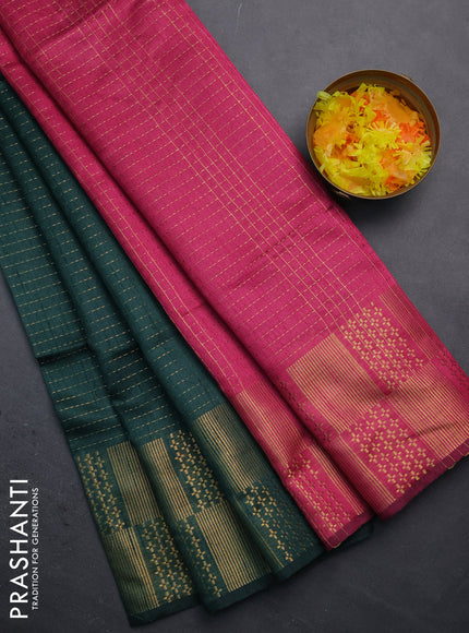 Semi dupion saree bottle green and pink with allover zari stripe weaves and zari woven border