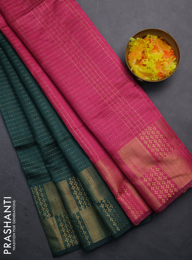 Semi dupion saree bottle green and pink with allover zari stripe weaves and zari woven border
