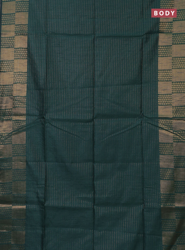 Semi dupion saree bottle green and pink with allover zari stripe weaves and zari woven border