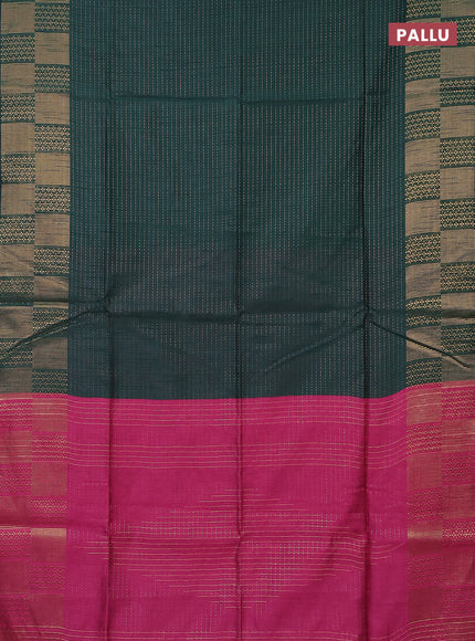 Semi dupion saree bottle green and pink with allover zari stripe weaves and zari woven border