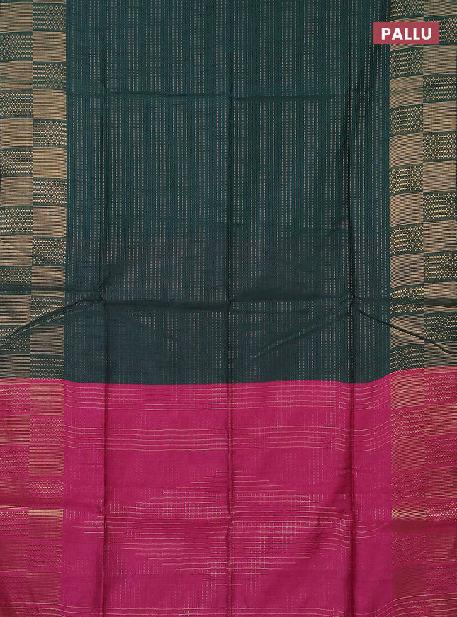 Semi dupion saree bottle green and pink with allover zari stripe weaves and zari woven border