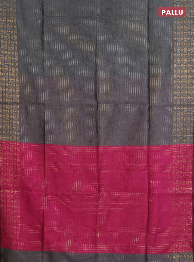 Semi dupion saree grey and pink with allover zari stripe weaves and zari woven border