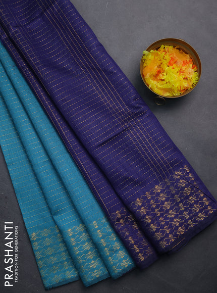 Semi dupion saree teal blue and blue with allover zari stripe weaves and zari woven border