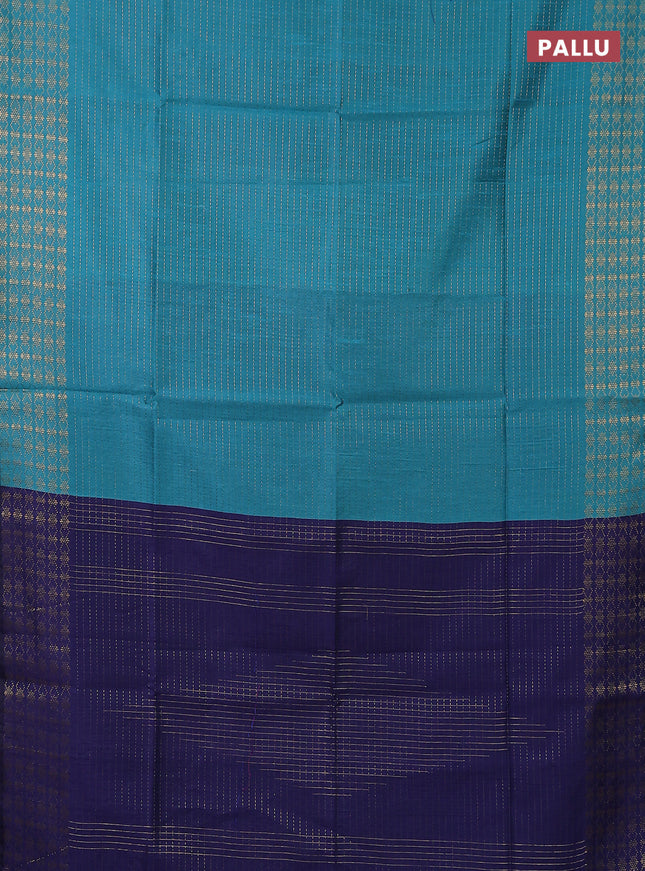 Semi dupion saree teal blue and blue with allover zari stripe weaves and zari woven border