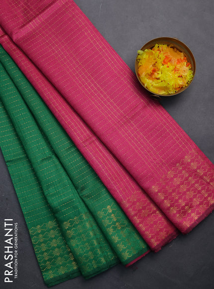 Semi dupion saree green and pink with allover zari stripe weaves and zari woven border