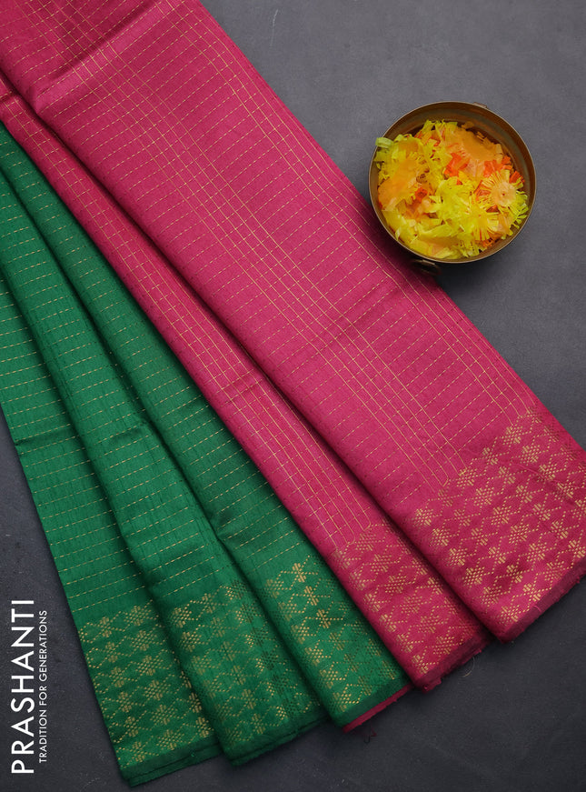 Semi dupion saree green and pink with allover zari stripe weaves and zari woven border