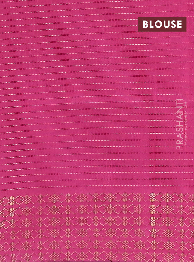 Semi dupion saree green and pink with allover zari stripe weaves and zari woven border