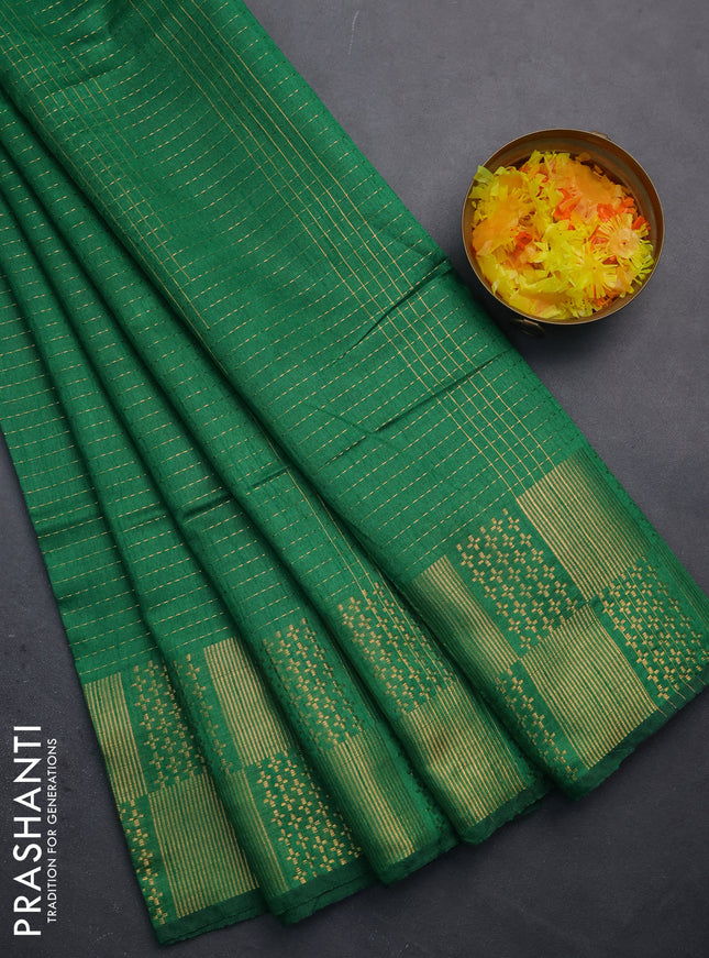 Semi dupion saree green with allover zari stripe weaves and zari woven border