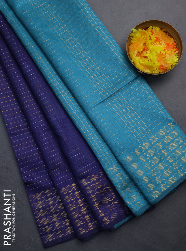 Semi dupion saree navy blue and teal blue with allover zari stripe weaves and zari woven border