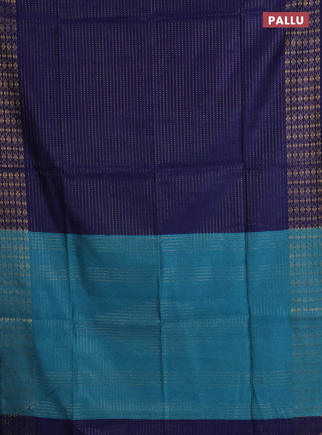 Semi dupion saree navy blue and teal blue with allover zari stripe weaves and zari woven border