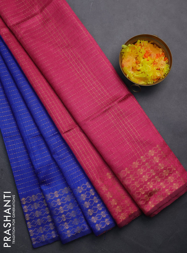 Semi dupion saree blue and pink with allover zari stripe weaves and zari woven border