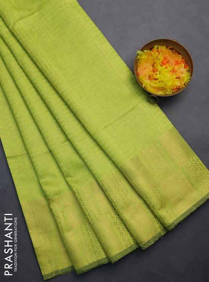 Semi dupion saree fluorescent green with allover zari stripe weaves and zari woven border
