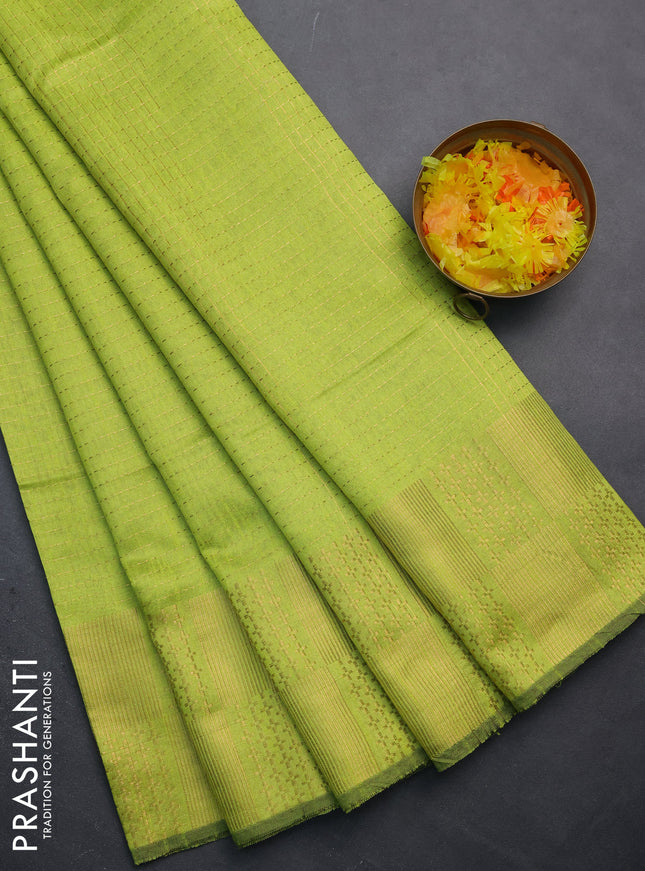 Semi dupion saree fluorescent green with allover zari stripe weaves and zari woven border