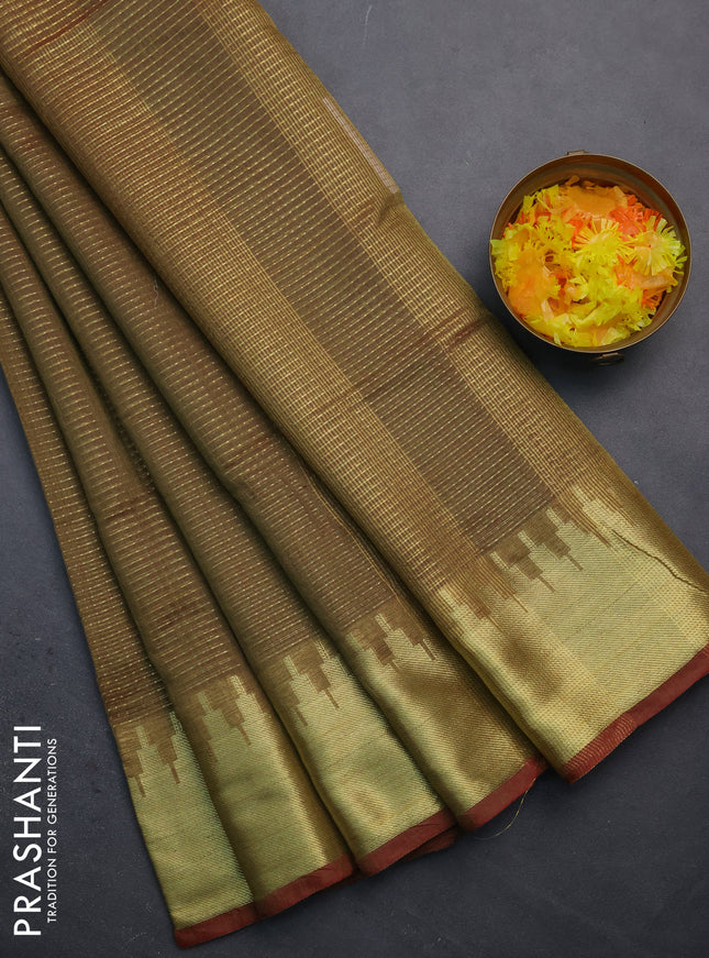 Semi dupion saree dual shade of green and red with allover zari weaves and zari woven border