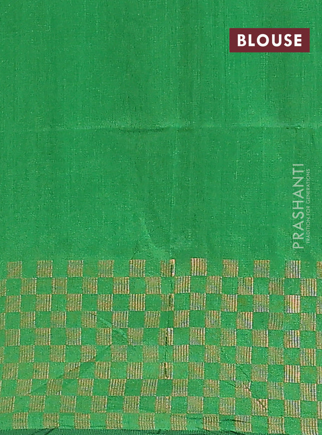 Semi dupion saree green with plain body and zari woven checked border