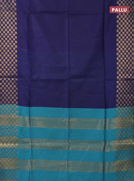 Semi dupion saree dark blue and teal blue with plain body and zari woven checked border