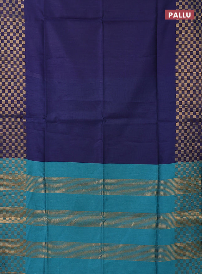 Semi dupion saree dark blue and teal blue with plain body and zari woven checked border