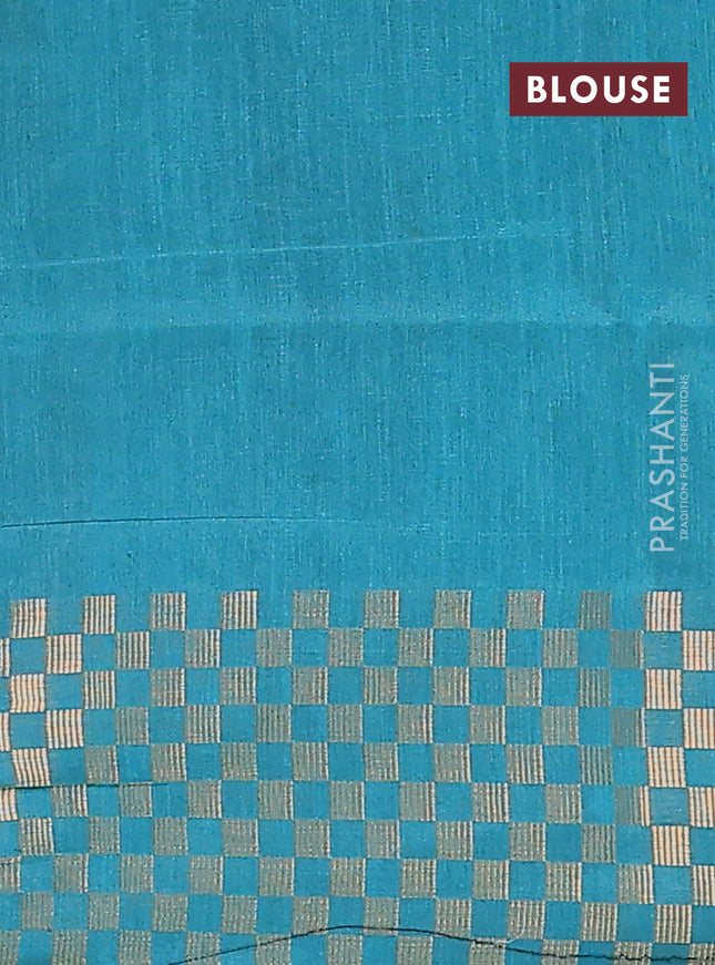 Semi dupion saree dark blue and teal blue with plain body and zari woven checked border