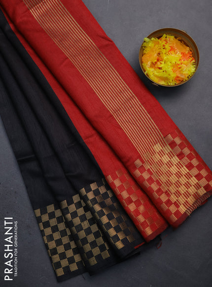 Semi dupion saree black and maroon with plain body and zari woven checked border