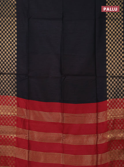 Semi dupion saree black and maroon with plain body and zari woven checked border