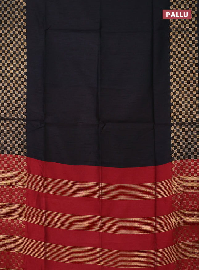 Semi dupion saree black and maroon with plain body and zari woven checked border