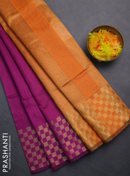 Semi dupion saree purple and orange with plain body and zari woven checked border