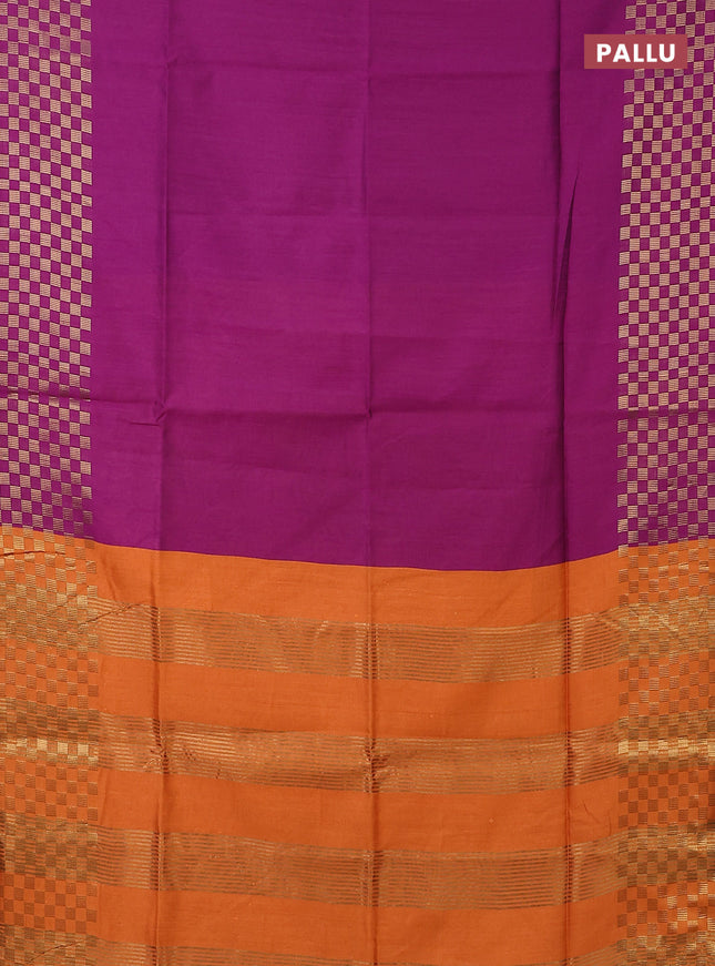 Semi dupion saree purple and orange with plain body and zari woven checked border