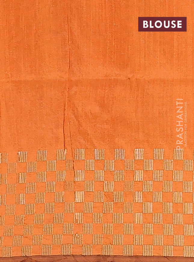 Semi dupion saree purple and orange with plain body and zari woven checked border