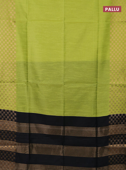 Semi dupion saree fluorescent green and black with plain body and zari woven checked border