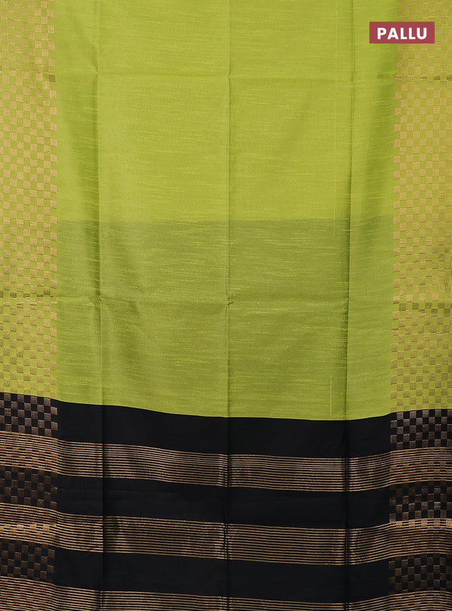 Semi dupion saree fluorescent green and black with plain body and zari woven checked border